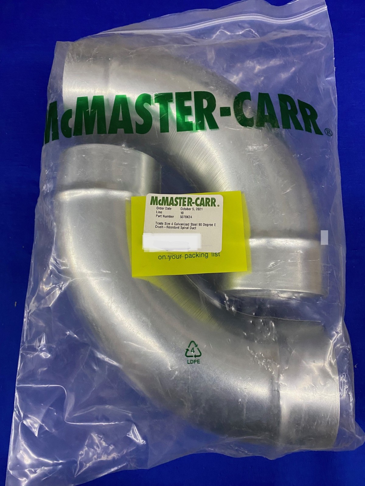 MCMASTER-CARR 5078K24 TRADE SIZE 4 GALVANIZED STEEL 90 DEGREE – 1 PKG QTY 2