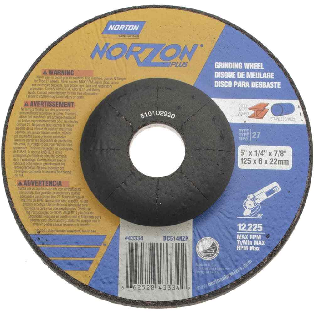 Norton 66252843334 Depressed Center Wheel: Type 27, 5″ Dia, Ceramic 24 Grit
