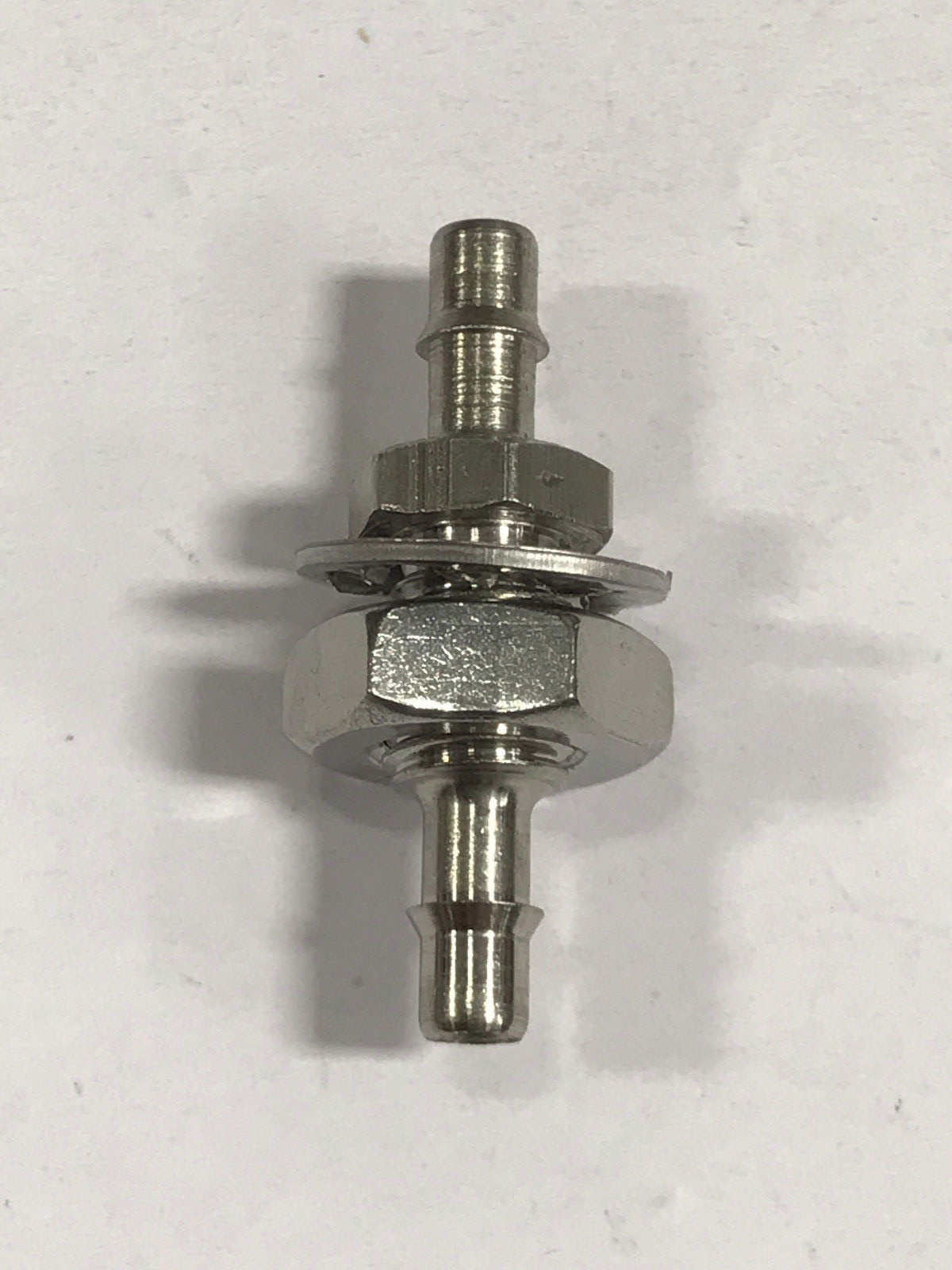 Stainless steel bulkhead fitting, 1/4-28 UNF thread to 1/8 ID tubing barb