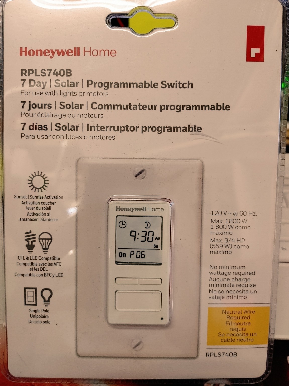 Honeywell 120-Volt 7-Day Programmable In/Out Motor & Light Switch Timer RPLS740B