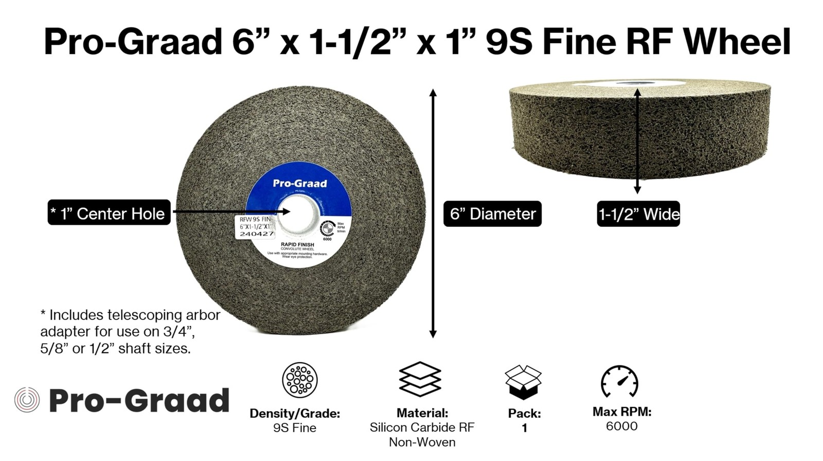 Pro-Graad 1 Pack 6” x 1-1/2” x 1” 9S Fine Series 1000 RF Long Life Convolute…