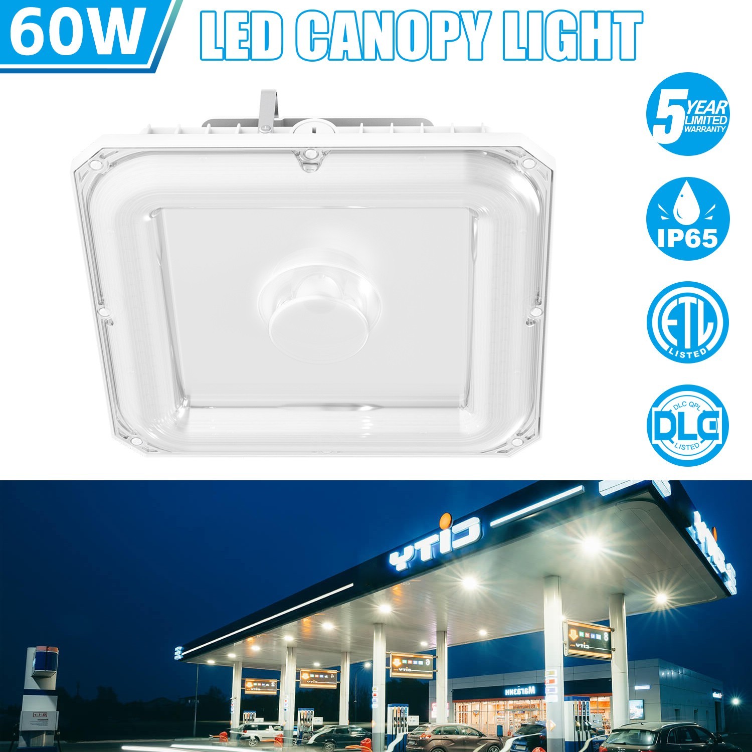 60W LED Canopy Light Parking Lot Gas Station Lamp IP65 8100Lm Lamp 4.5K/5K/5700K