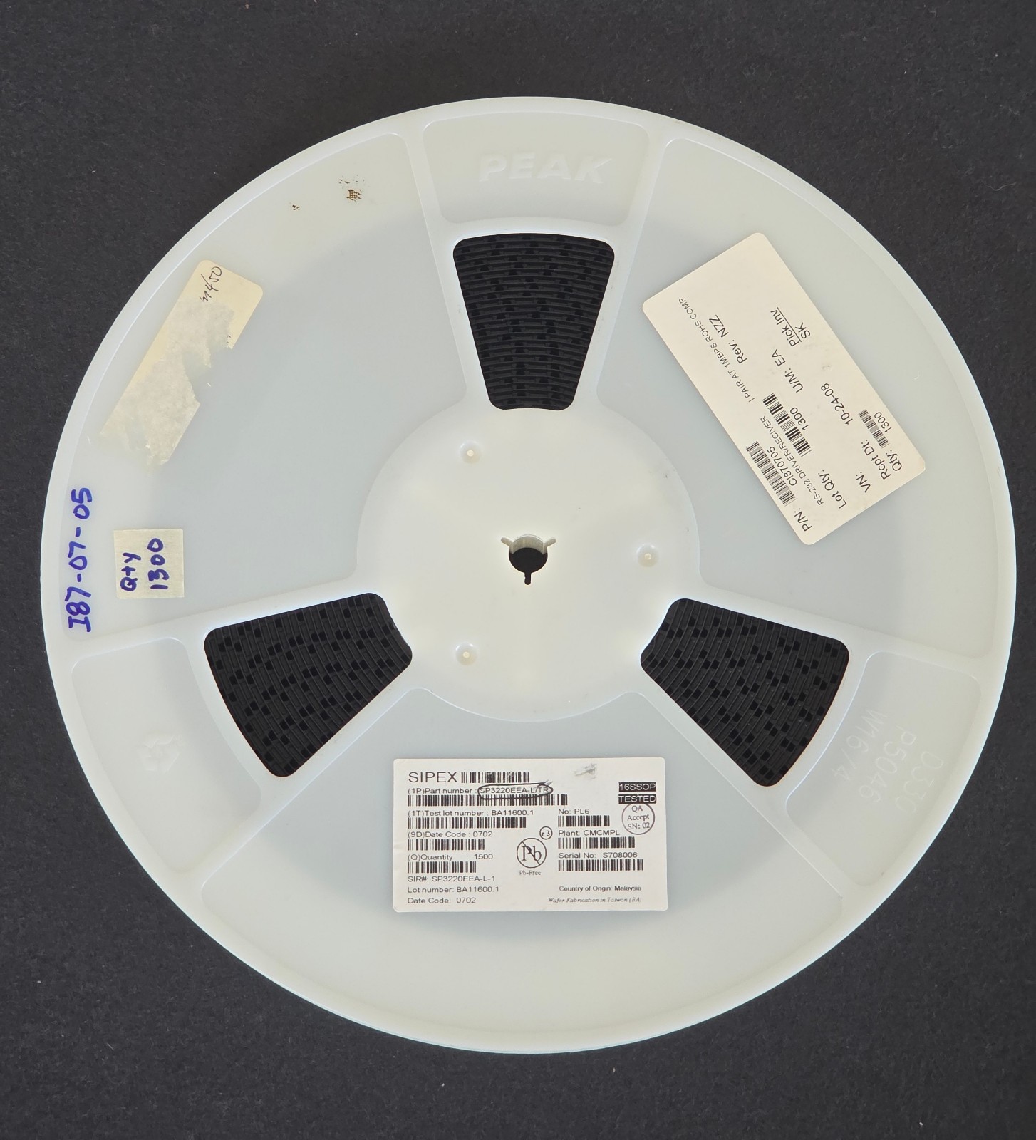 Partial reel of ~1200 pieces of Sipex part # SP3220EEA-L/TR RS-232 Interface IC
