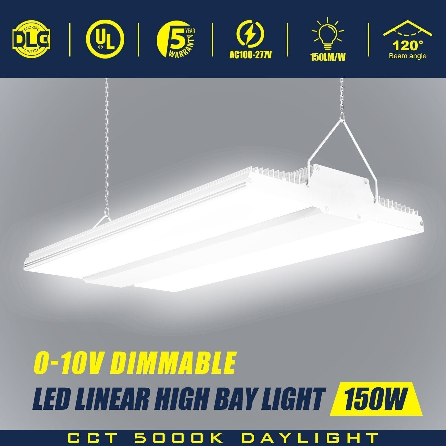 150W LED Linear High Bay Shop Light 22500lm Commercial Warehouse Fixture Garage
