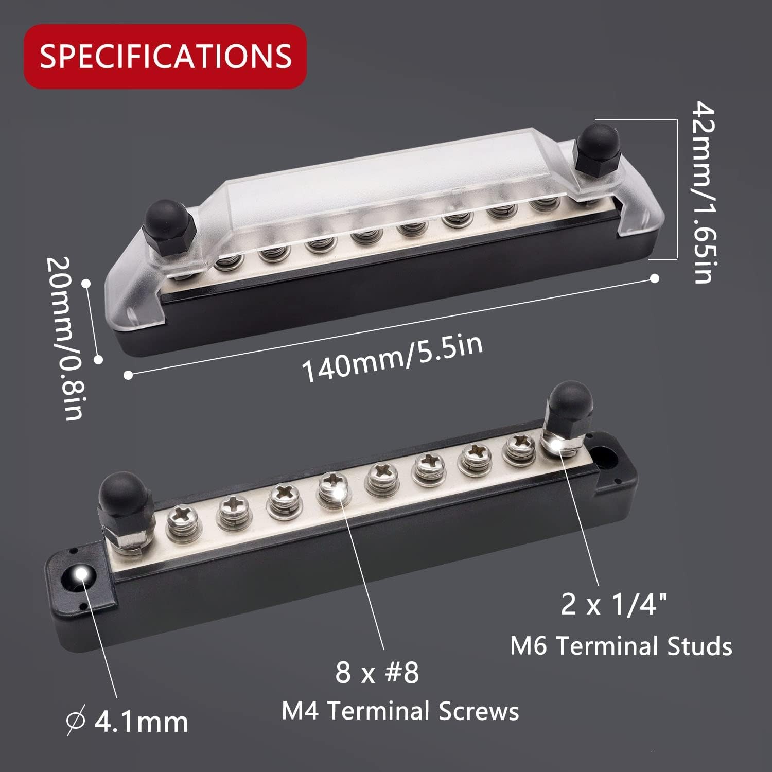 150A 12V Bus Bar Marine, 1/4″ Power 150A, 2 x M6 Studs & 8 x M4 Screws(BK+R)