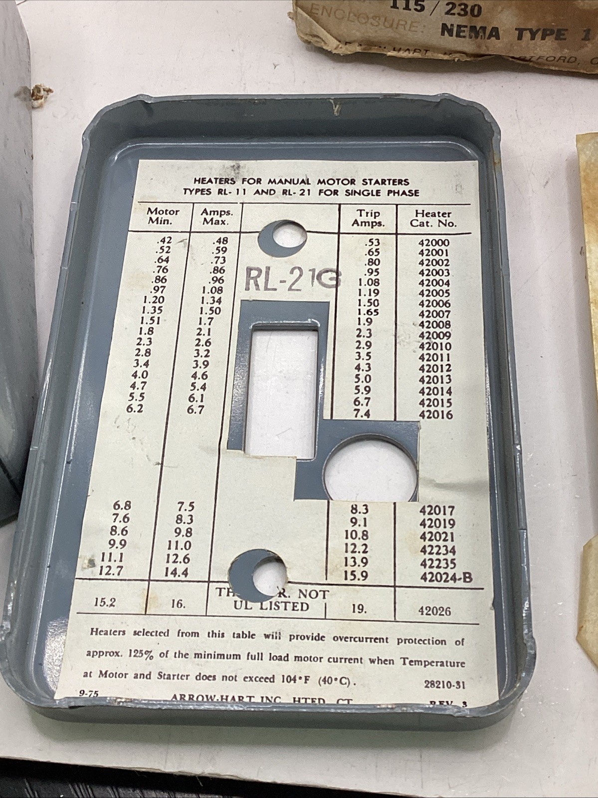 ARROW HART RL-21-G / RL21G Manual Starter NEMA 1 Enclosure 2 Pole 115/230V