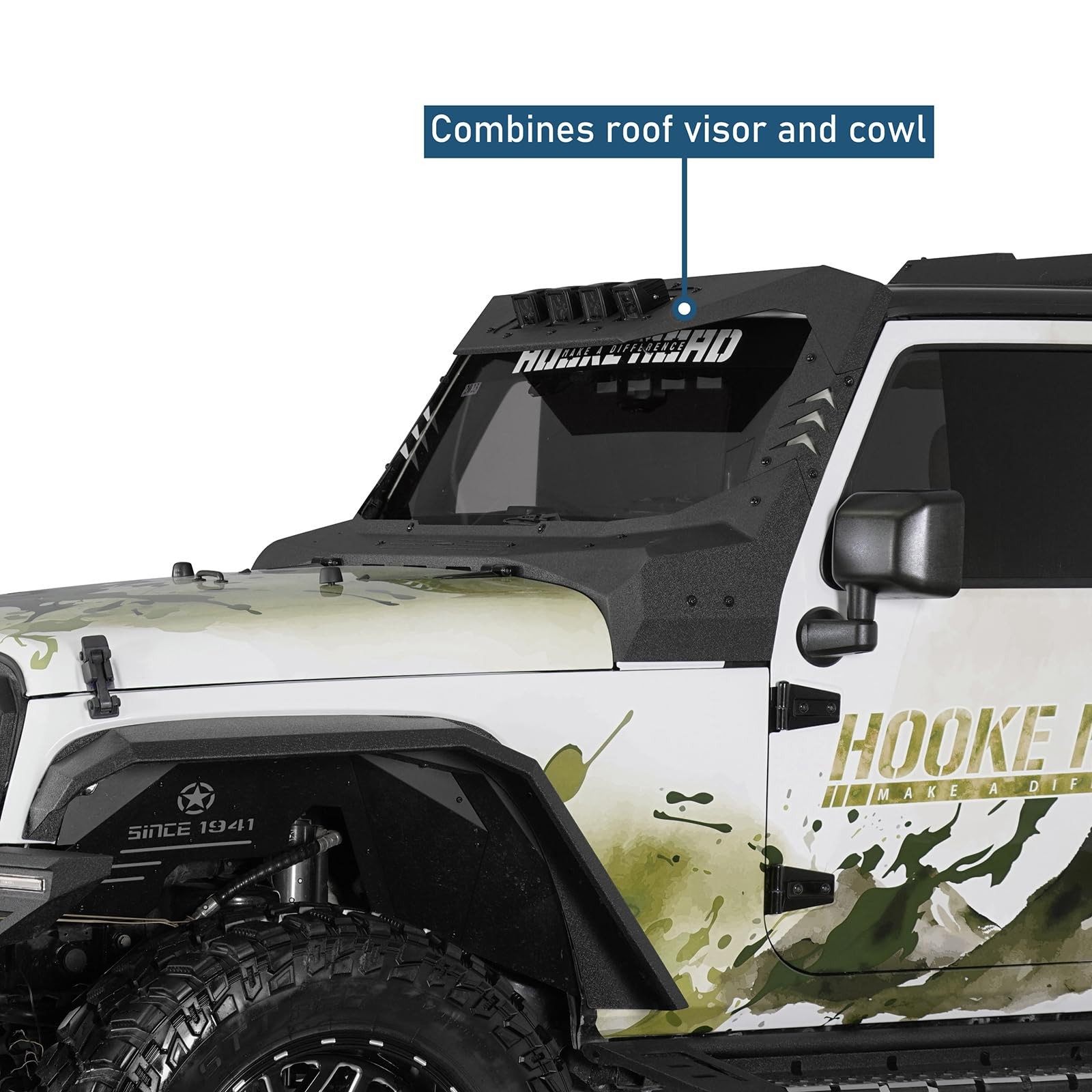 JK Wrangler 2007-2018 Windshield Frame Cover Sun Visor Cowl Armor 4X LED Lights