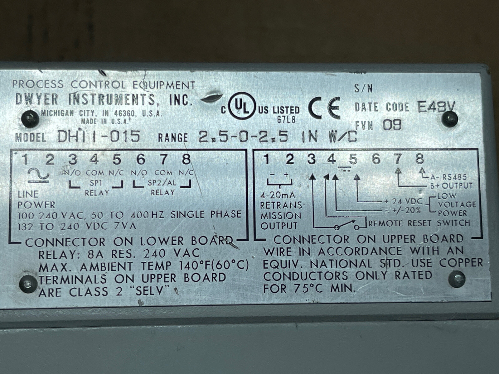 DWYER DHII-015 SERIES DH LL DIGIHELIC LL DIFFERENTIAL PRESSURE CONTROLLER
