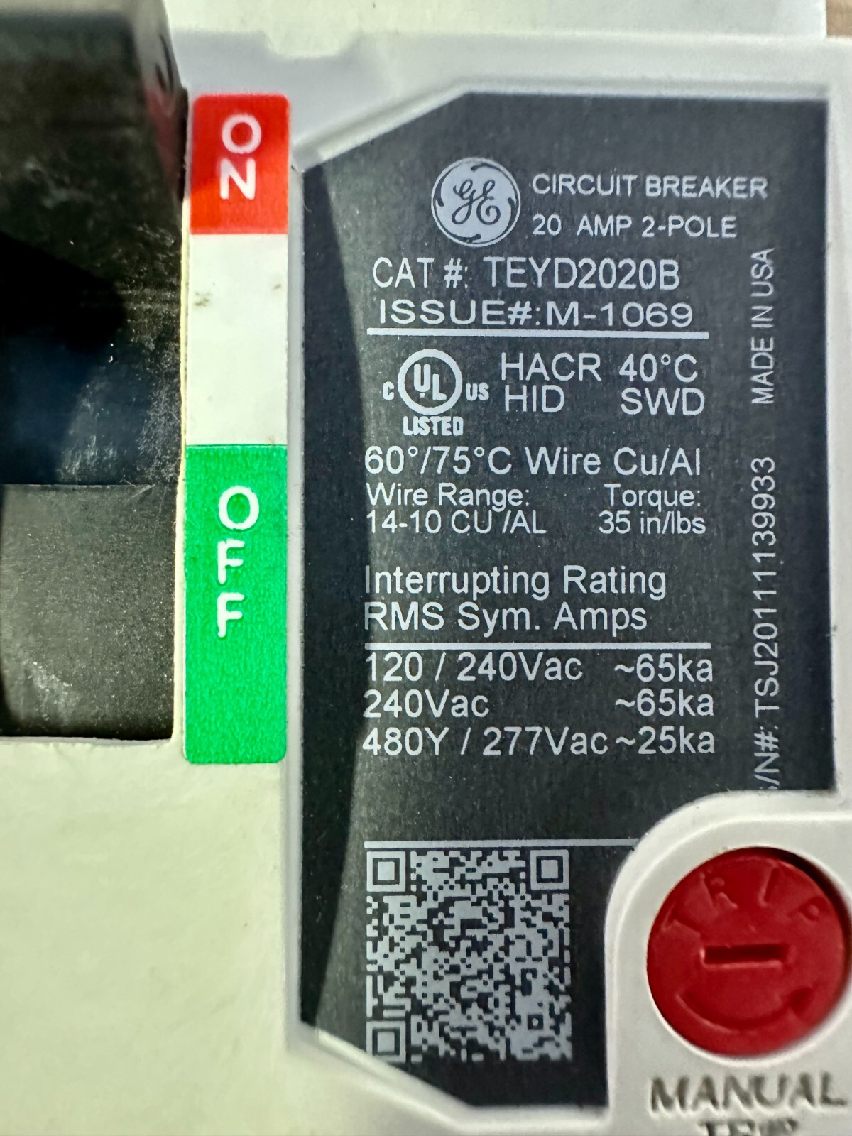 GENERAL ELETRIC 20 AMP 2 POLE CIRCUIT BREAKER TEYD2020B NEW OPEN BOX