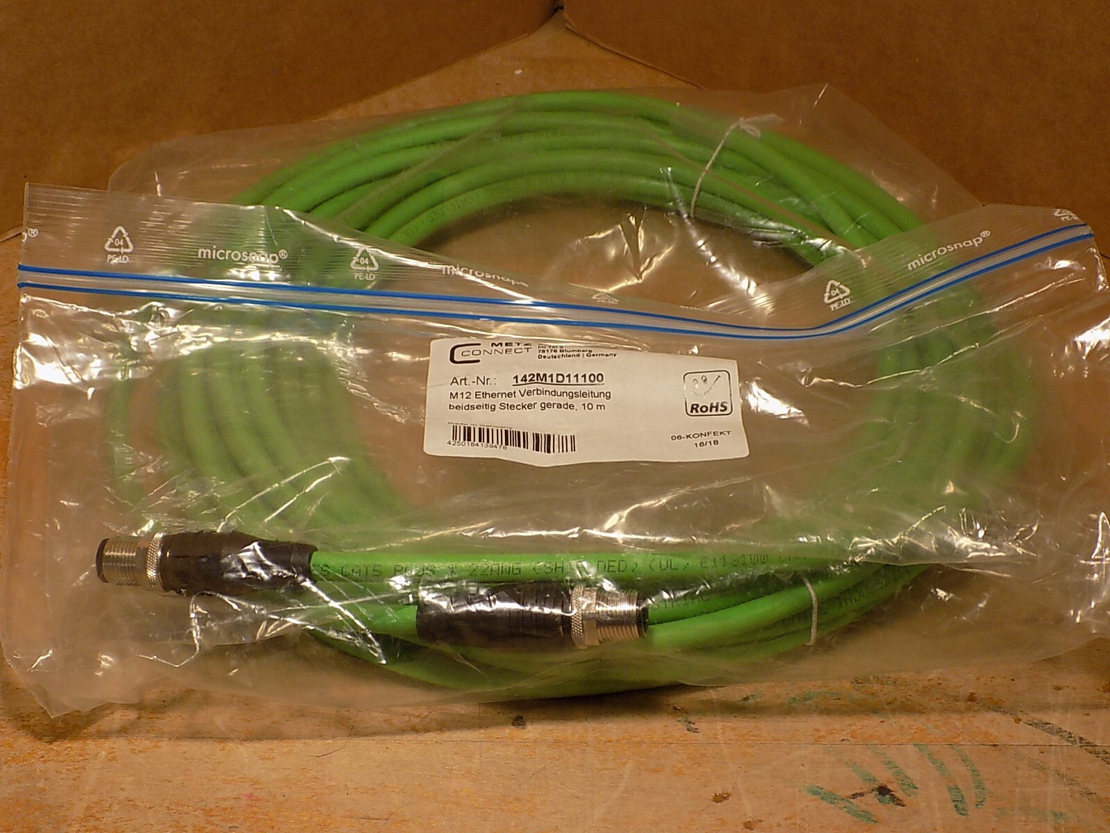 Metz Connect Gmbh M12 Ethernet Cable 10m Long 4P male both ends 142MD11100 New