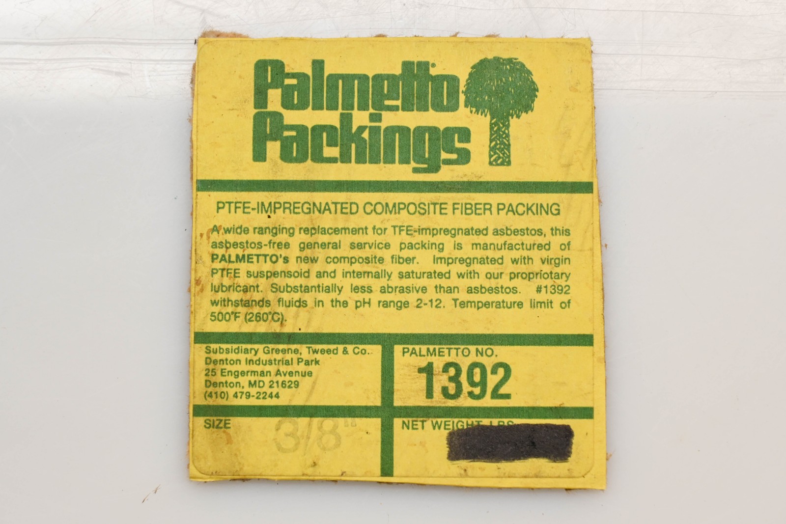 Palmetto Packings 1392 3/8″ 8FT PTFE Composite Fiber Packing NOS