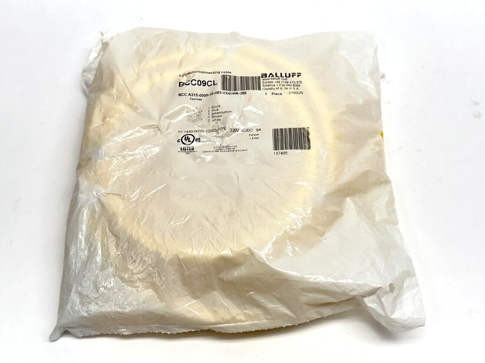 Balluff BCC09CL Single Ended Cordset F 7/8″ 5-Pin BCCA315-0000-10-063-VX45W6-050