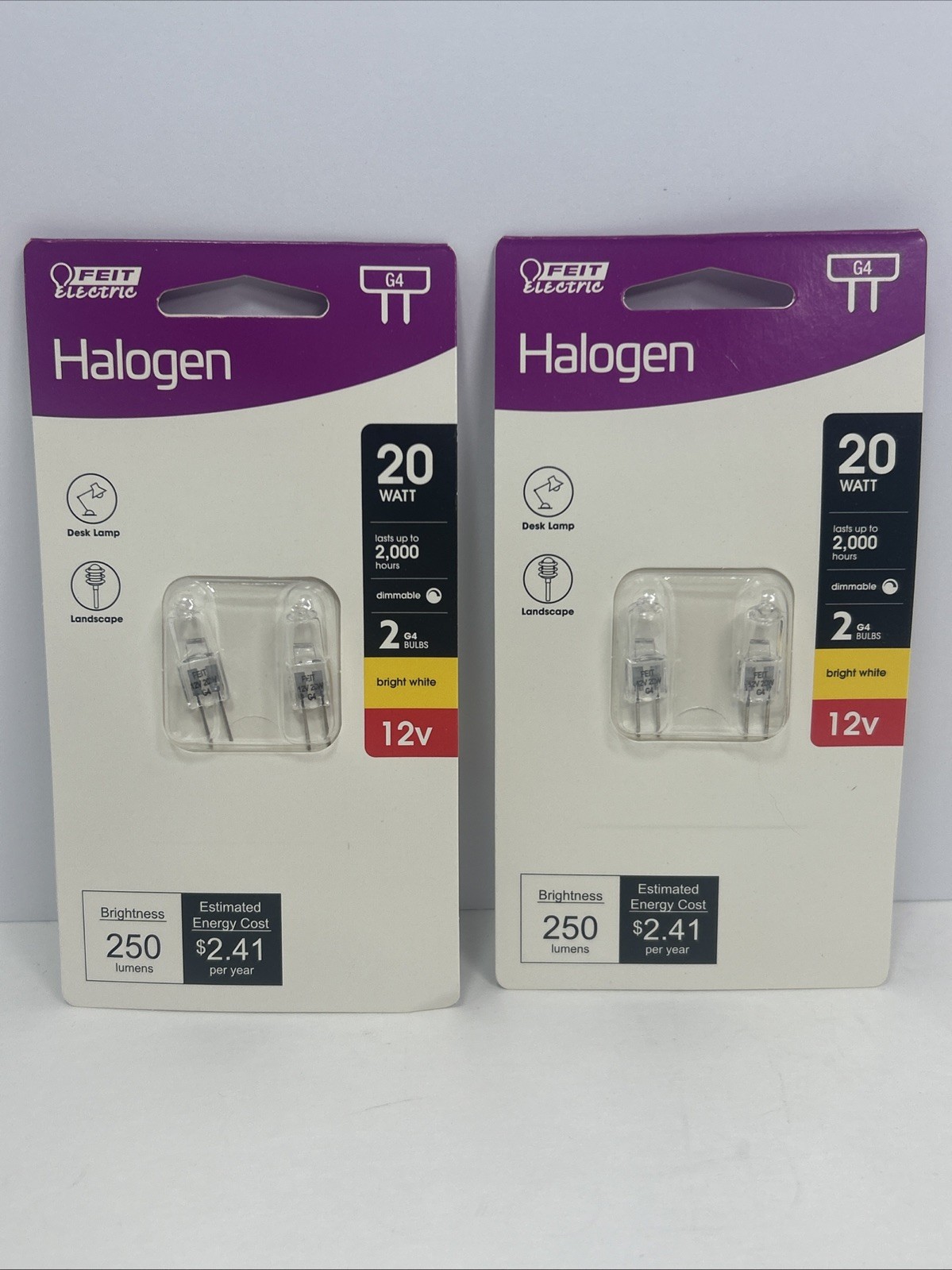 2 Packs Feit Electric 20-Watt G4, Clear Bulb 12 volt, 4- Bulbs NEW SEALED