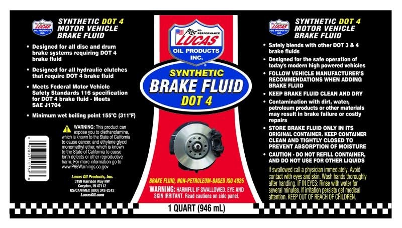 Lucas Oil 10788 Synthetic Brake Fluid DOT 4 – 1 Quart (Pack of 1) Quart, Multi