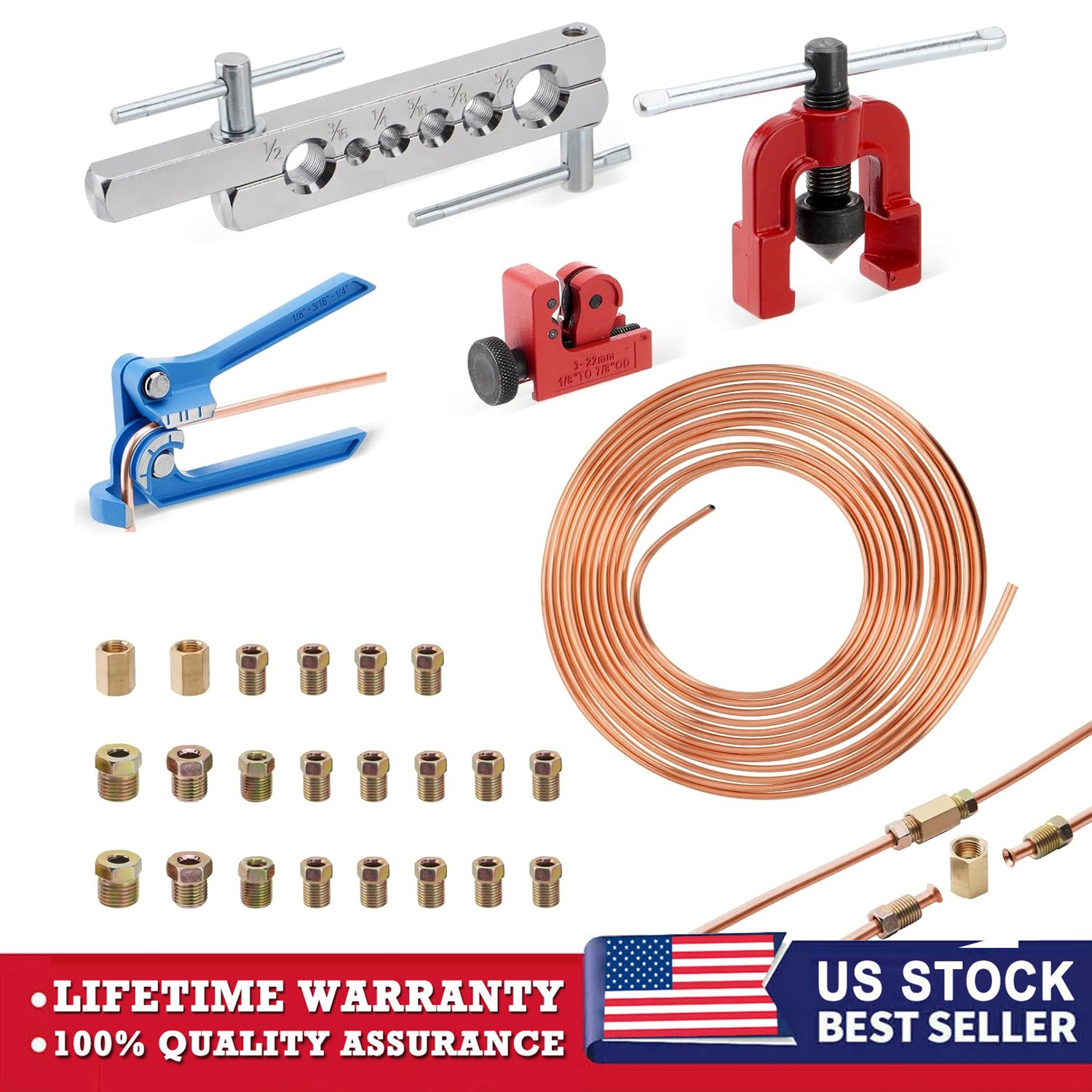 25Ft 3/16″ Copper-Coated Brake Line Kit and 16 Fittings, 2 Union and 4 Nut USA