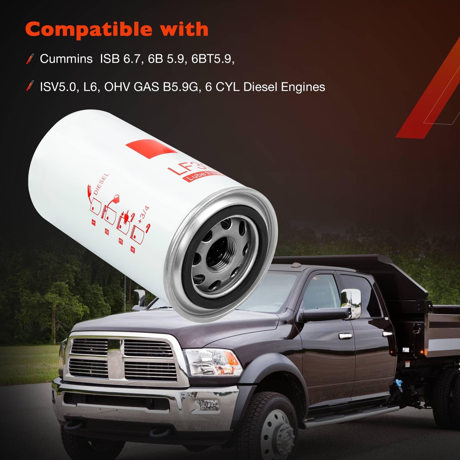 LF3972 Oil Filter Compatible With Cummins ISB 6.7, 6BT 5.9, ISV5.0, L6, OHV G…