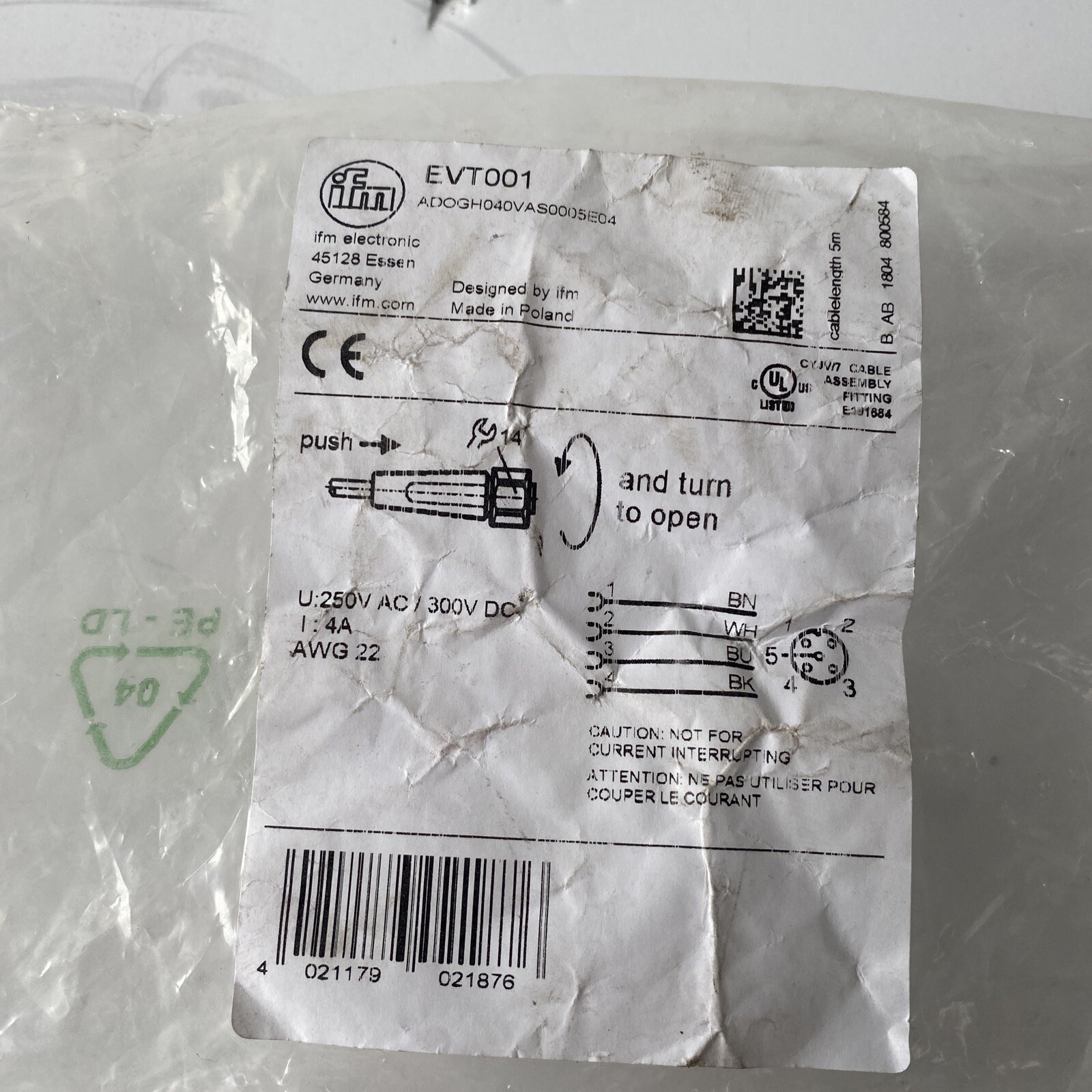 IFM Electronics EVT001 Female Cordset, 5 Pin, 5 Meter Cable Length