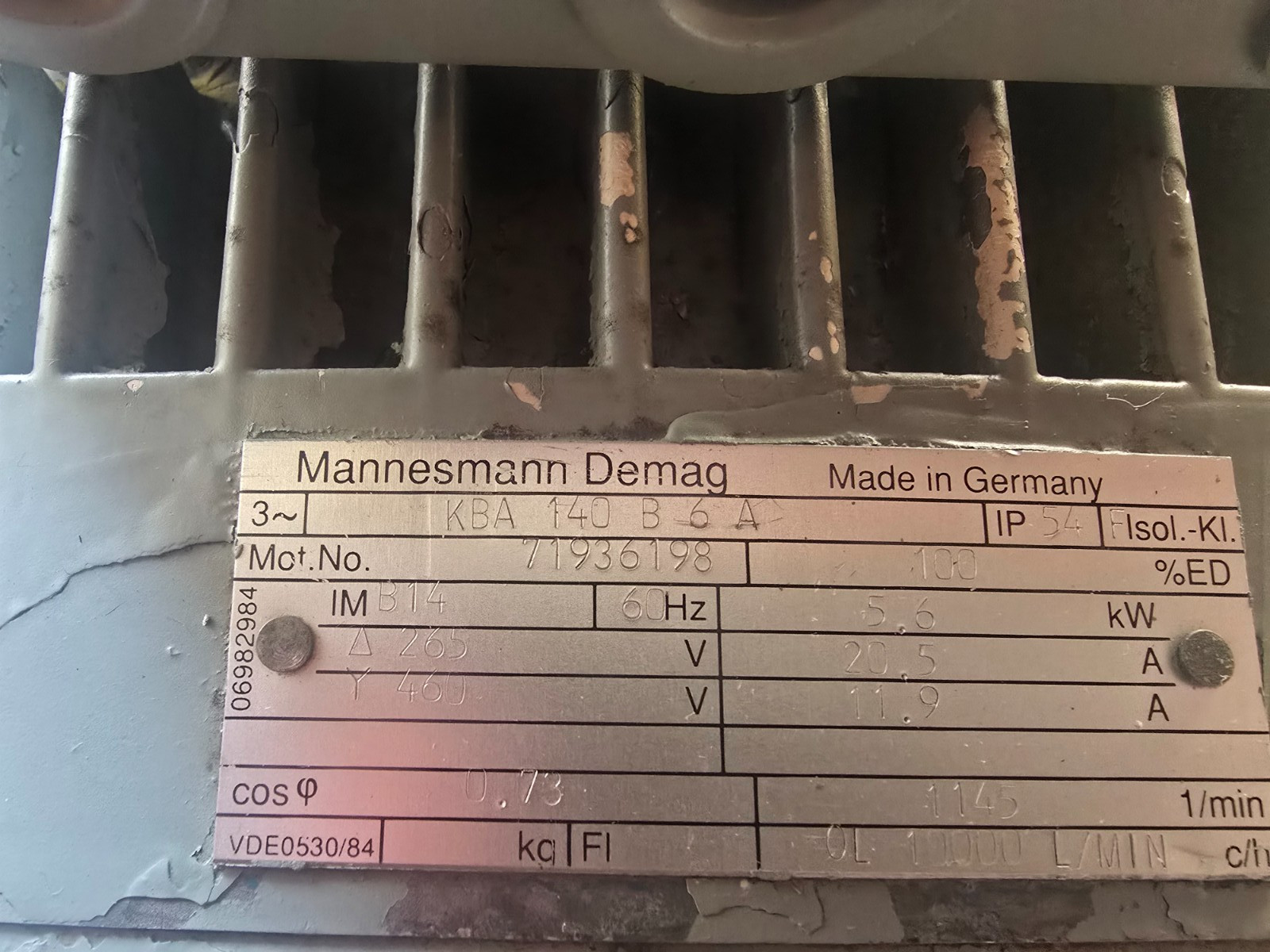NEW OLD STOCK! MANNESMANN DEMAG 5.6KW CRANE MOTOR KBA-140-B-6-A