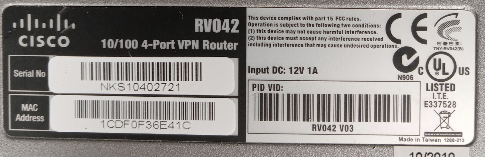 1 USED CISCO RVO42 10/100 4-PORT VPN ROUTER UNB ***MAKE OFFER***