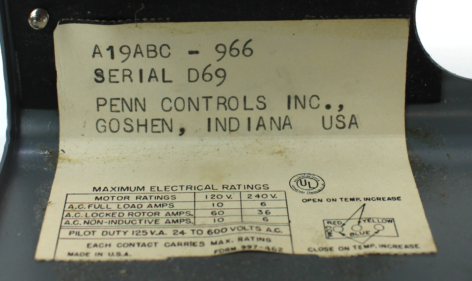 Johnson Control A19ABC-966 Temperature Control, 120/240V