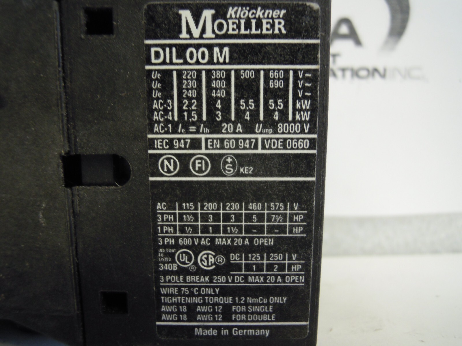 KLOCKNER MOELLER DIL 00 M CONTACTOR 3P 3PH 20A 7-1/2HP +COIL DIL00M *TESTED