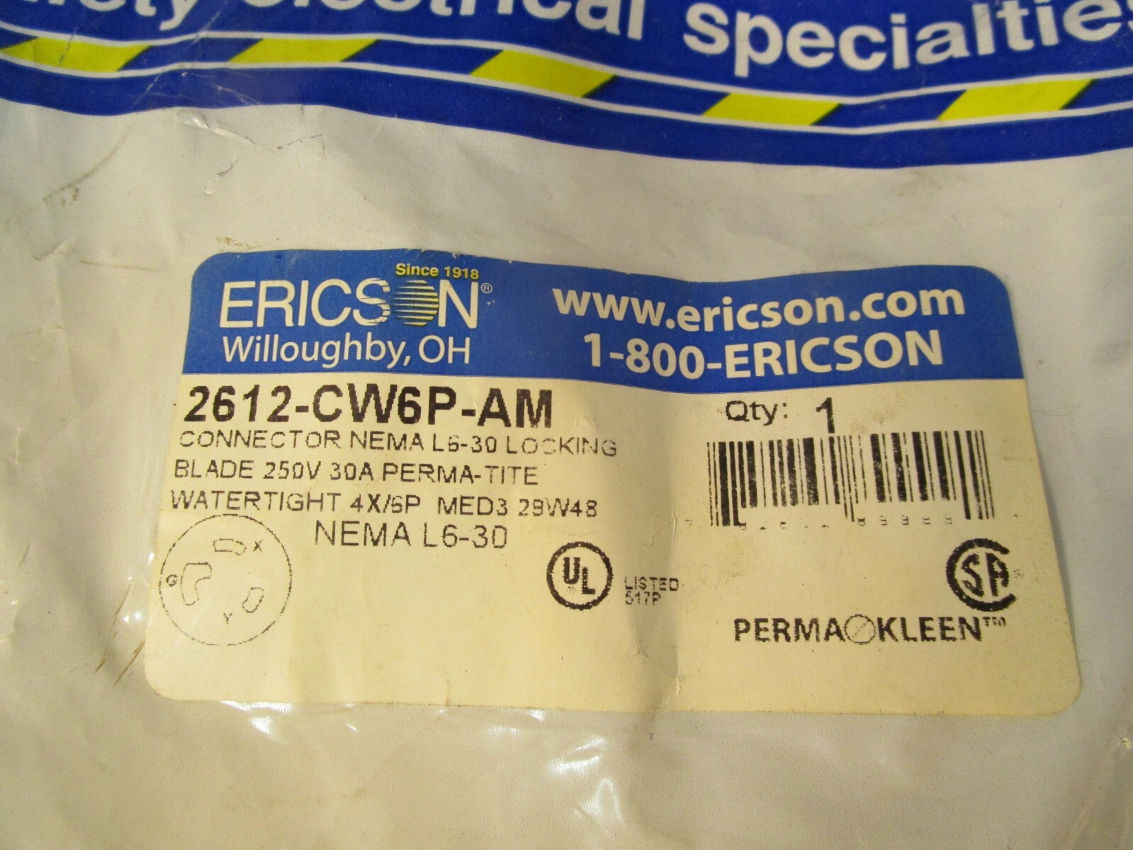 ERICSON 2612-CW6P-AM, CONNECTOR, WATERTIGHT, 250V 30A