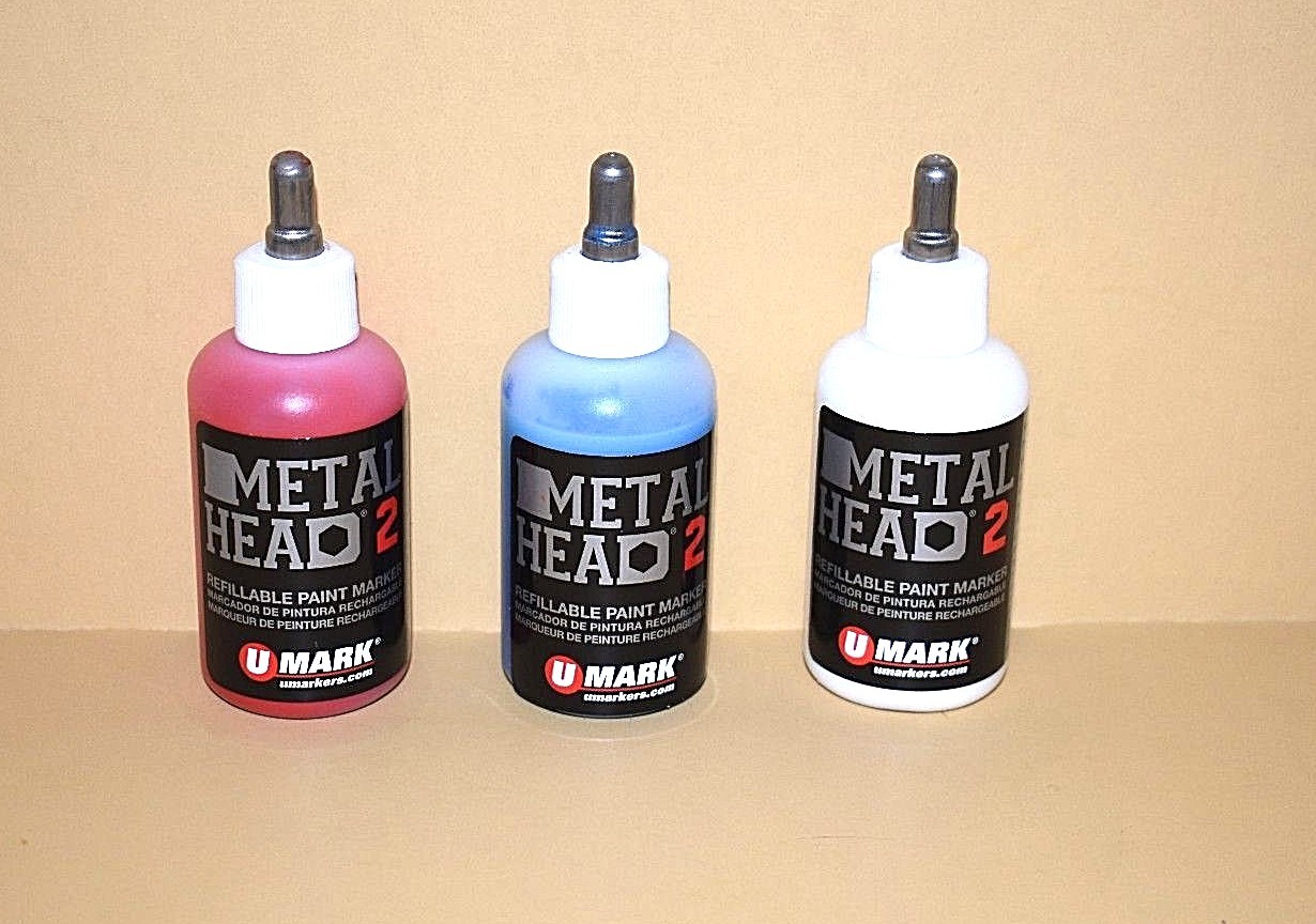 3 Metal Head Paint Marker 2 Oz Red White Blue Auto Salvage Industrial Junk Yard