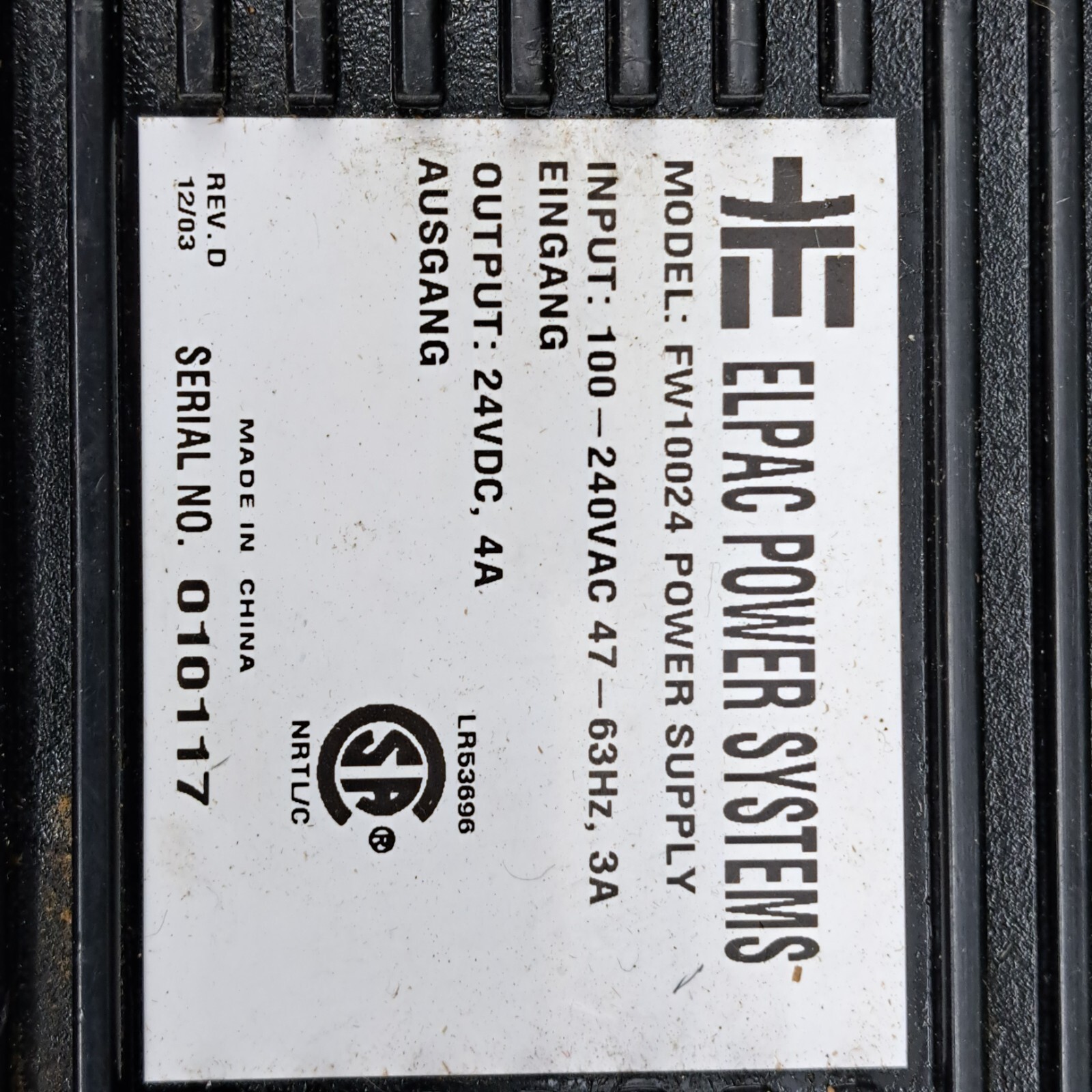 ELPAC POWER SYSTEMS FW10024 Power Supply Input 100-240VAD to Output 24VDC, 4A