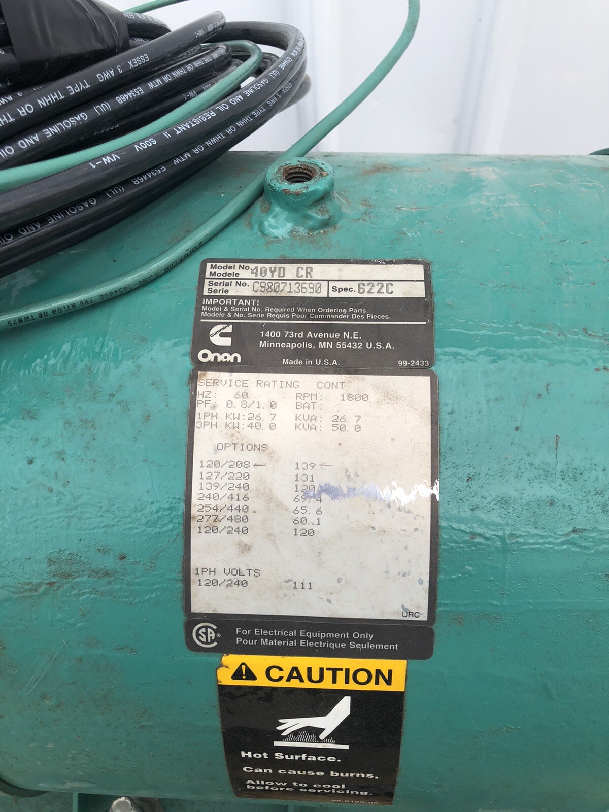 Toshiba 75HP Motor B0754FLF3UM01 w/ Cummins Onan Protec Generator Model 40YD CR