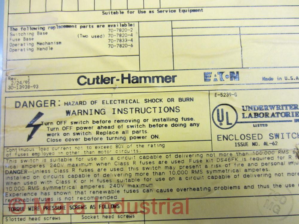 Cutler Hammer DG224NGK Eaton Safety Switch 200 Amp Series B
