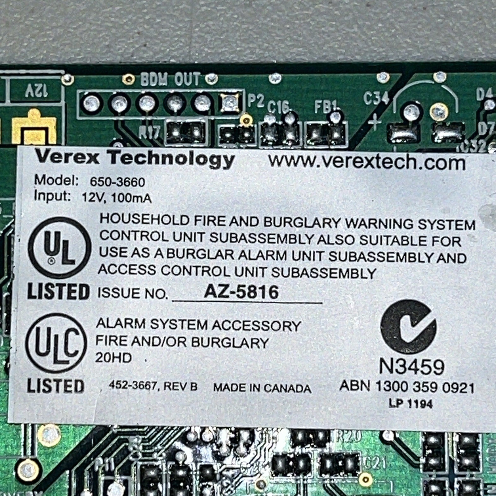 Verex XL Feature Expansion Card Board TECHNOLOGY 650-3660 Access Control