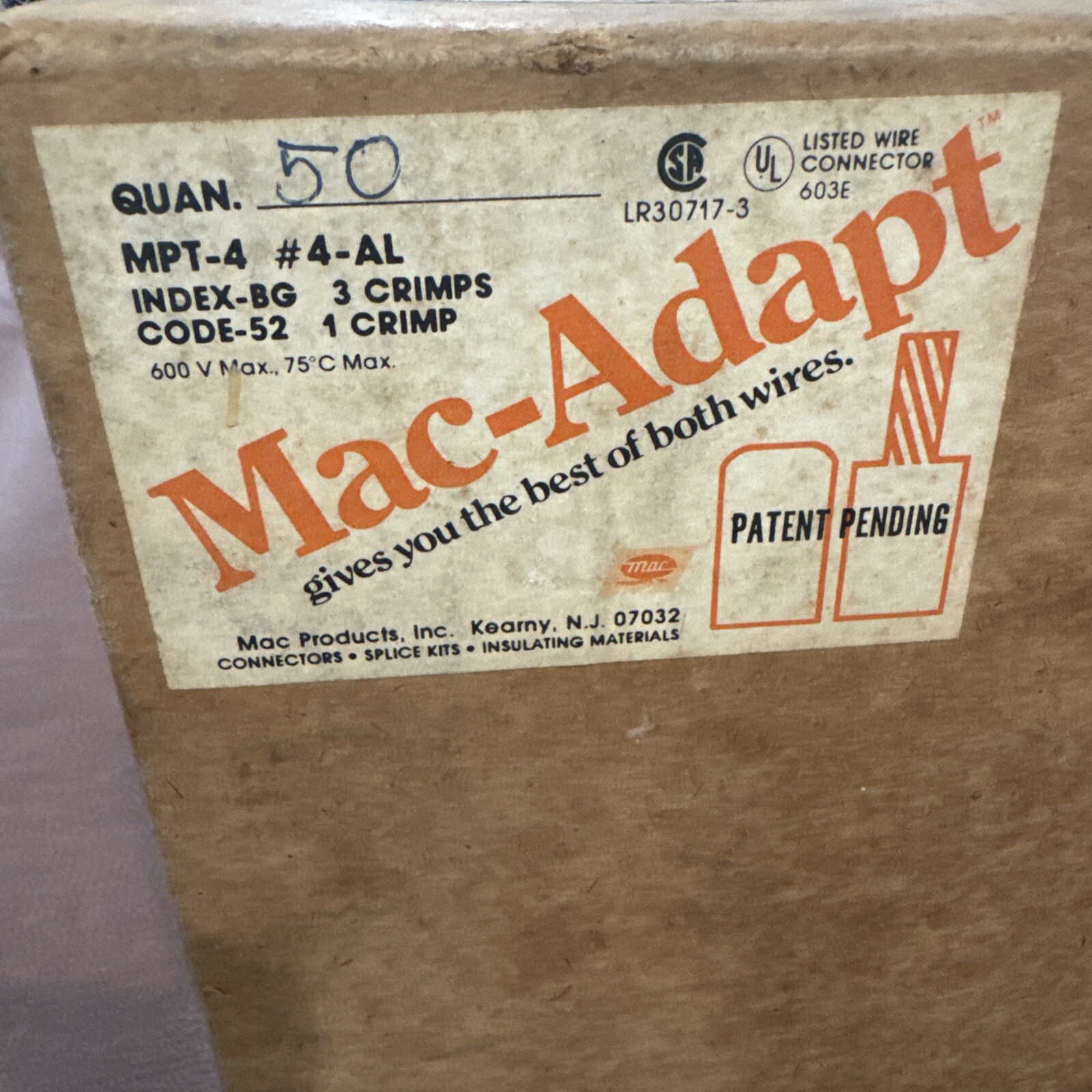 50x Mac Adapt MPT-4 #4-AL INDEX-BG 3 Crimp Code 52 Pigtail Compress Adapter JB-6