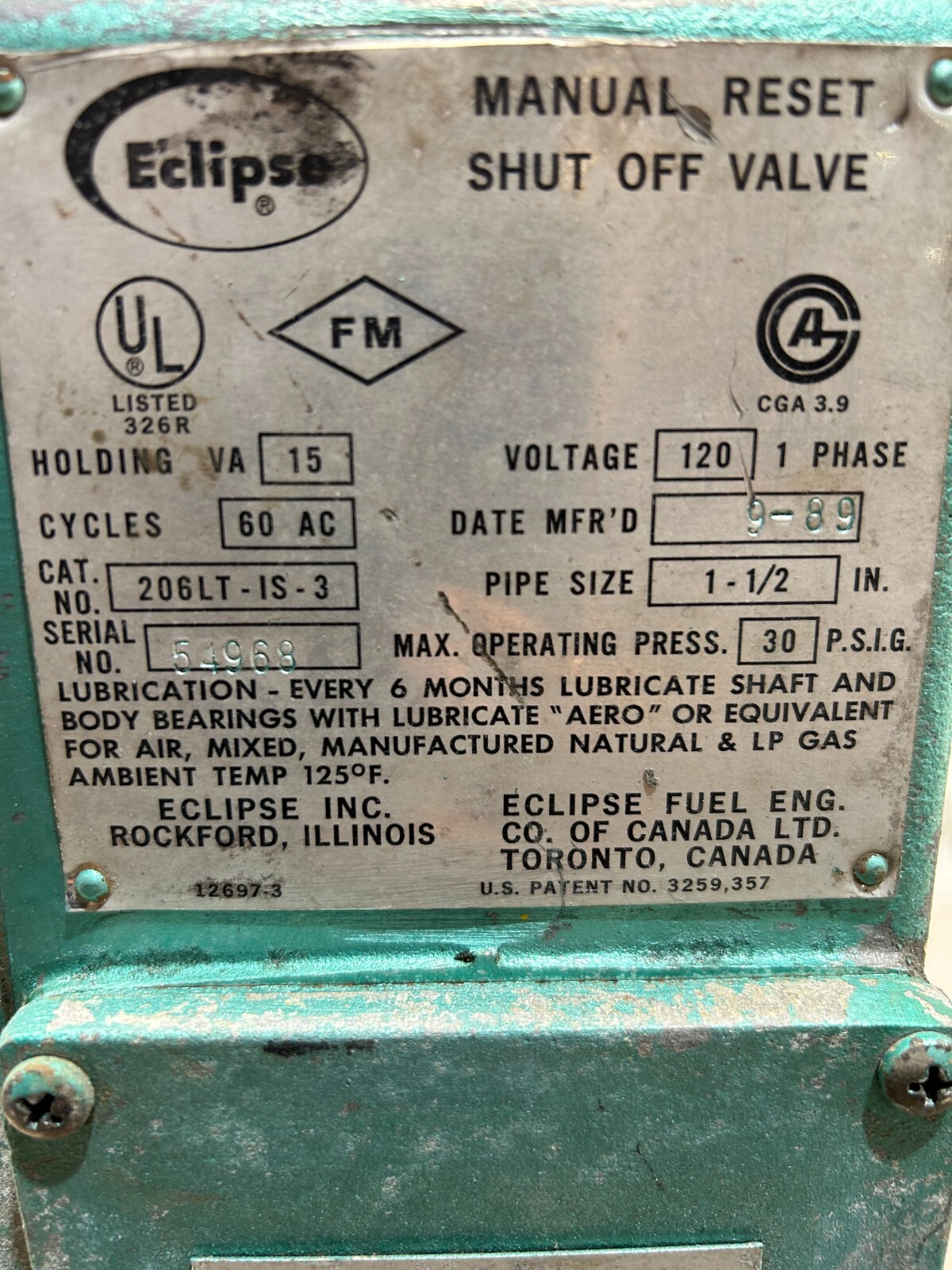 PREOWNED ECLIPSE MANUAL RESET SHUT OFF VALVE 54968 206LT-IS-3 1-1.5 INCH