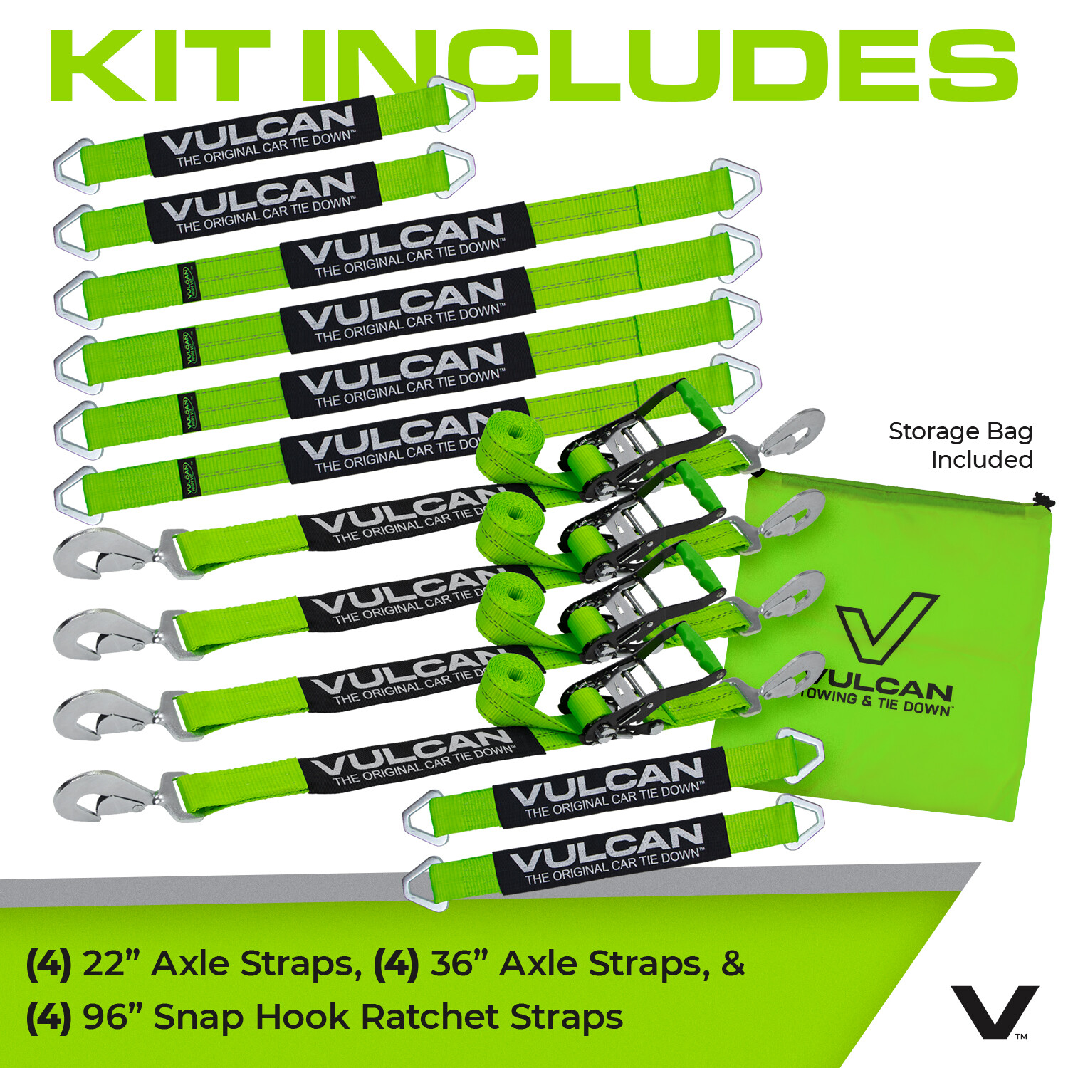 VULCAN High-Viz Reflective Axle Strap Tie Down Kit – Snap Hook Ratchet Straps