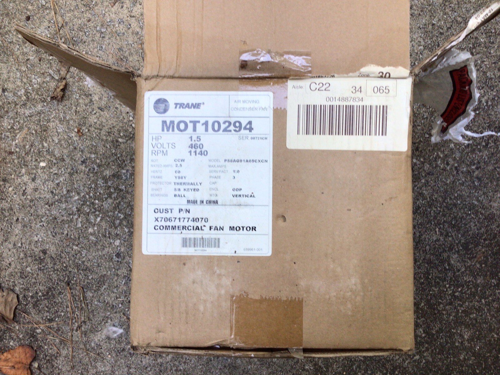 TRANE MOT10294 Motor,1.5 HP,460V,1140 rpm,3 Phase