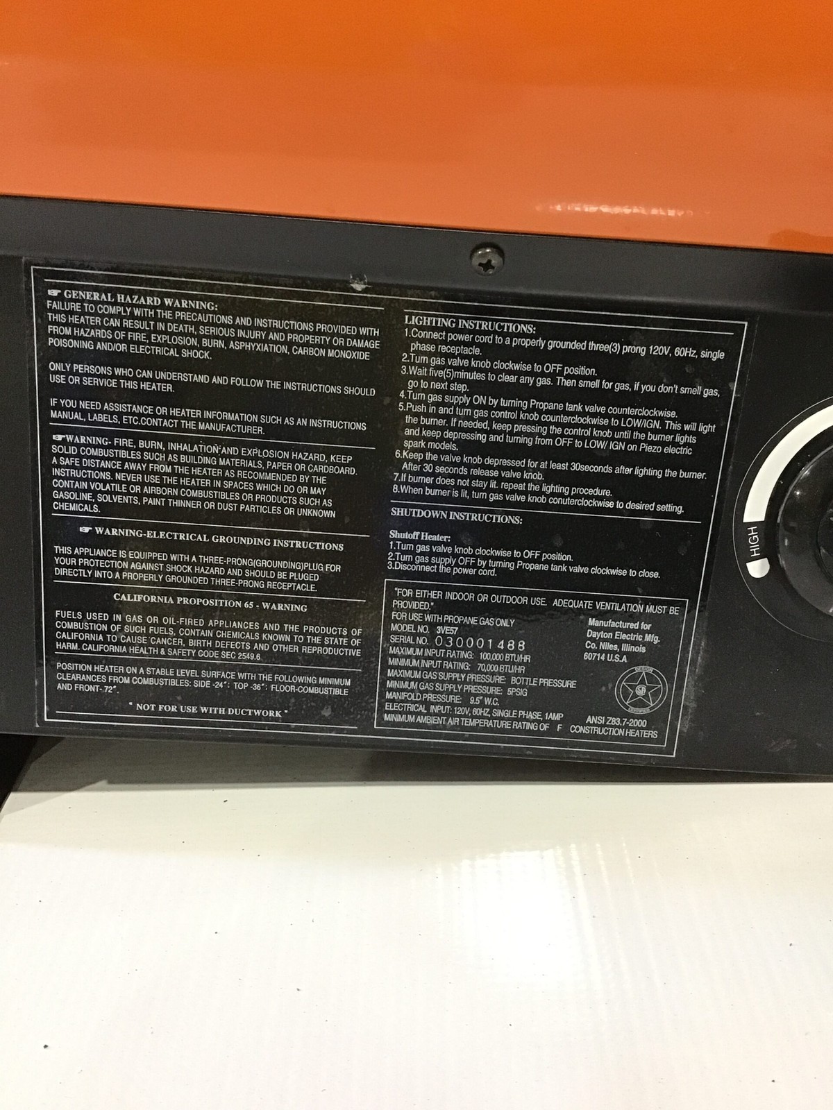 Dayton 3VE57 Propane Forced Air Heater 70K-100K BTU 0.8A 35CFM