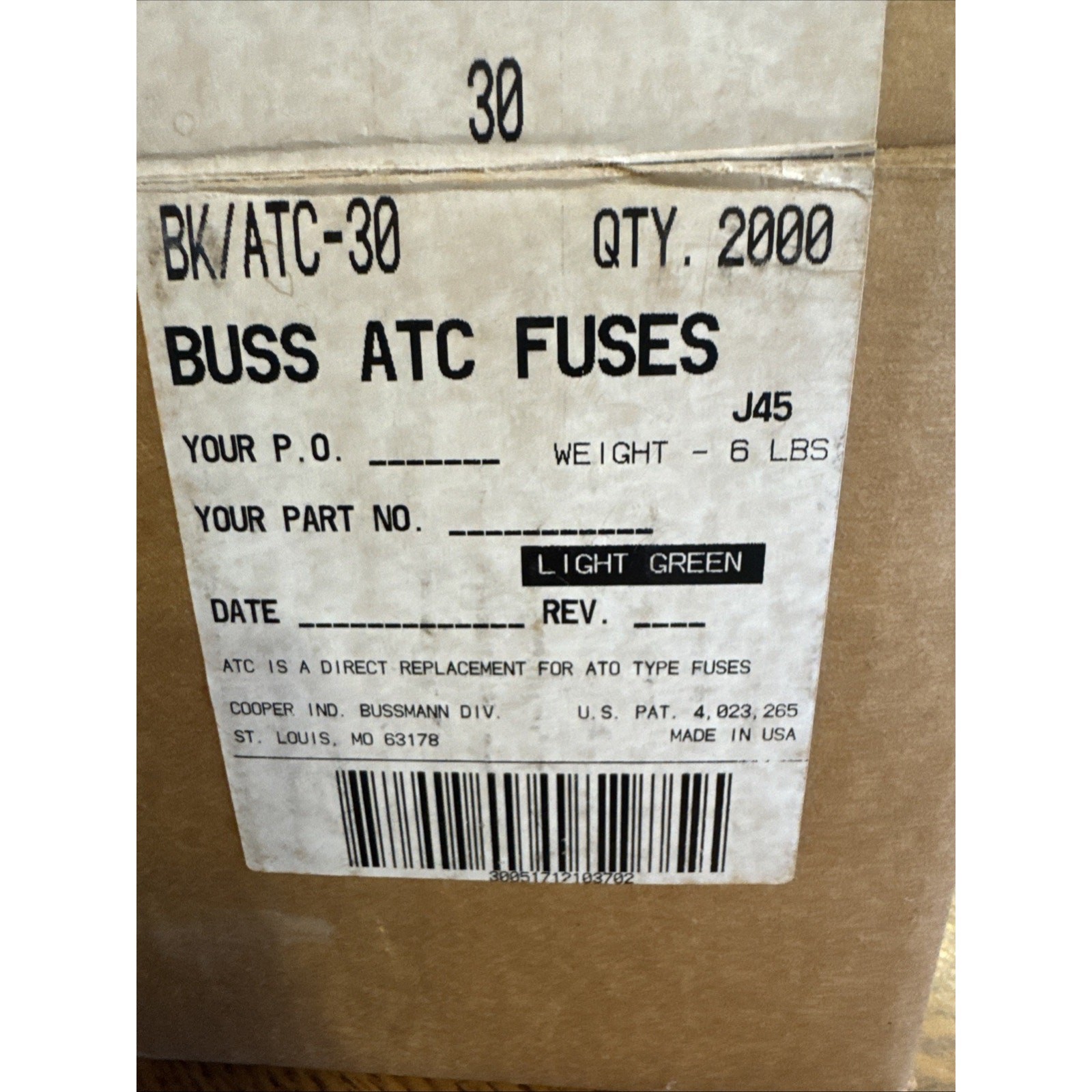 Box of 2000pcs Bussmann BK/ATC-30 Automotive Fuse; 30A, 32VDC, Green Bin16