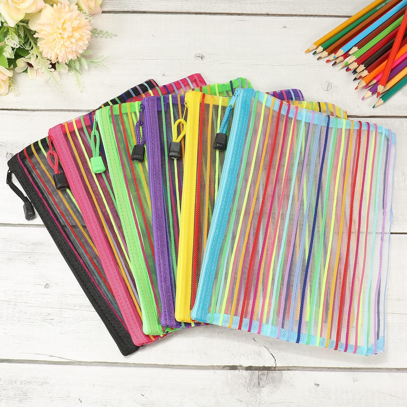 MECCANIXITY Mesh Zipper Pouch, A5 Nylon Cosmetic Bags Large, Multicolor
