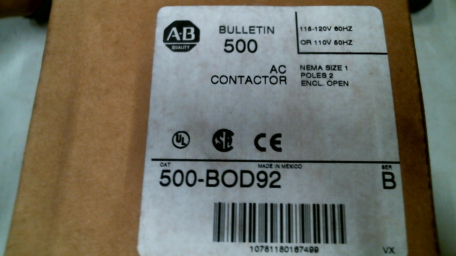 ALLEN BRADLEY 500-BOD92 CONTACTOR AC SIZE 1 SER.B 120V 60HZ 1P -FREE SHIPPING