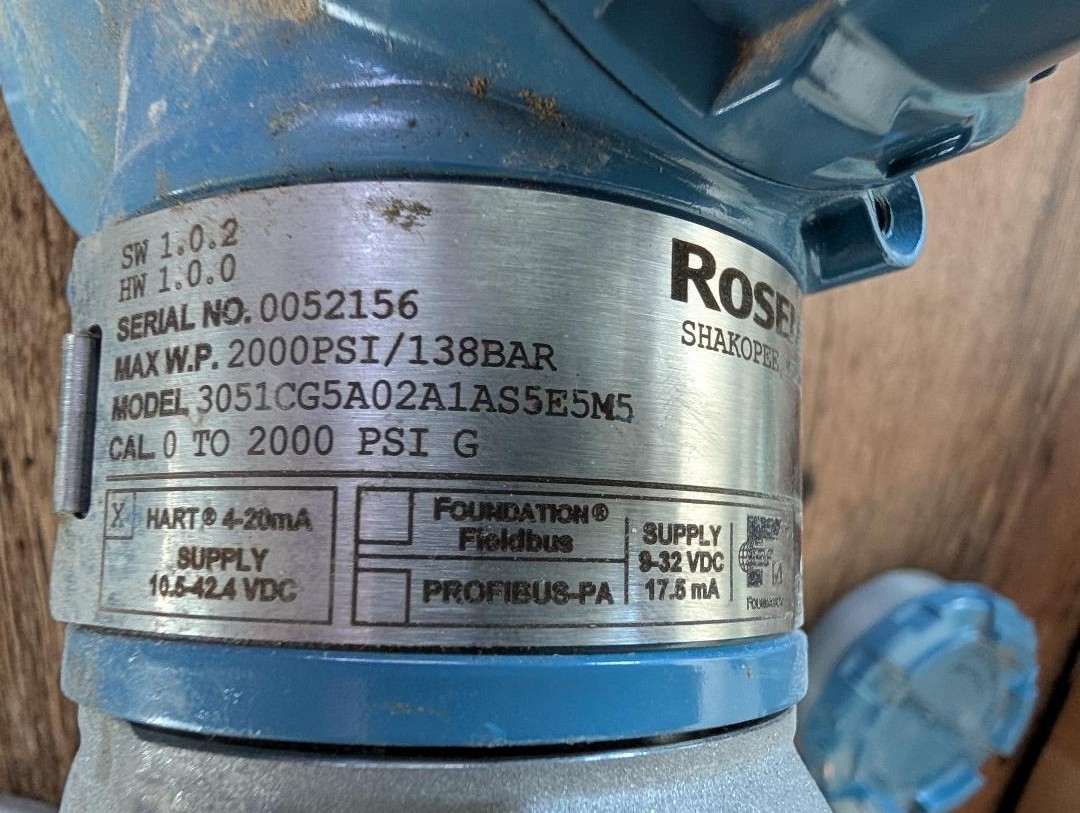 ROSEMOUNT PRESSURE TRANSMITTER , Model 3051CG5A02A1AS5E5M5 2000 psi (C1)