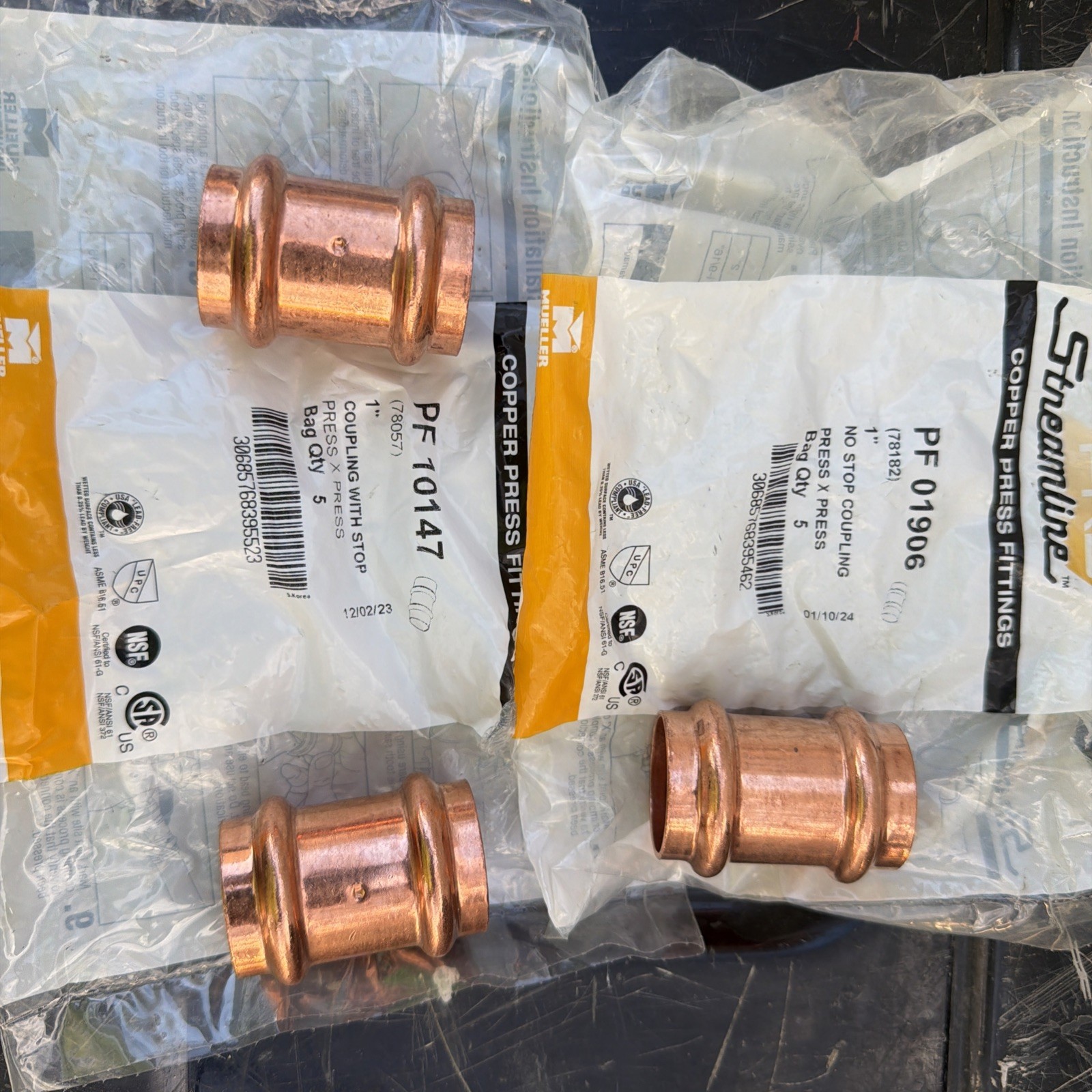 2 Mueller PF10147 Streamline PRS Copper Press Coupling, With Stop 1 Without Stop