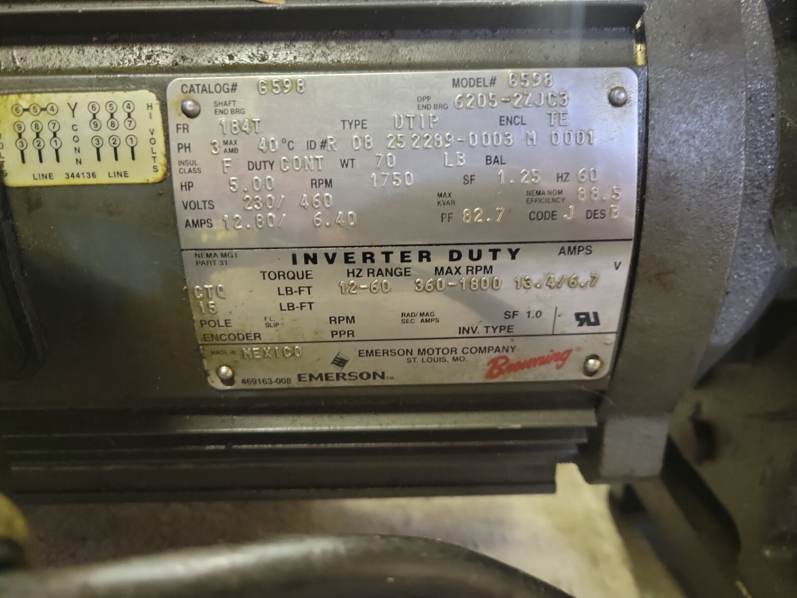EMERSON 6205-2ZJC3 model G598 1750rpm 3ph 230/460 with CBN3201SV52M1184T5