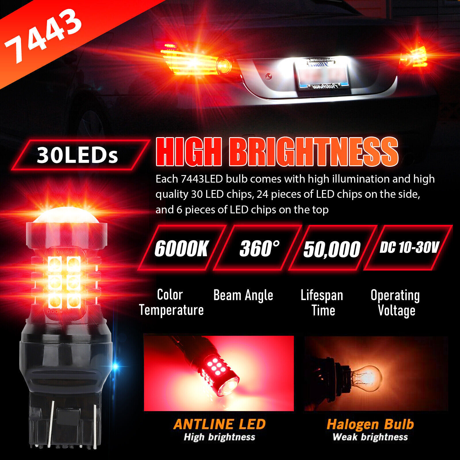 2PCS 7443 Red LED Strobe Bulbs: Blinking Brake, Stop, Tail & Parking Lights