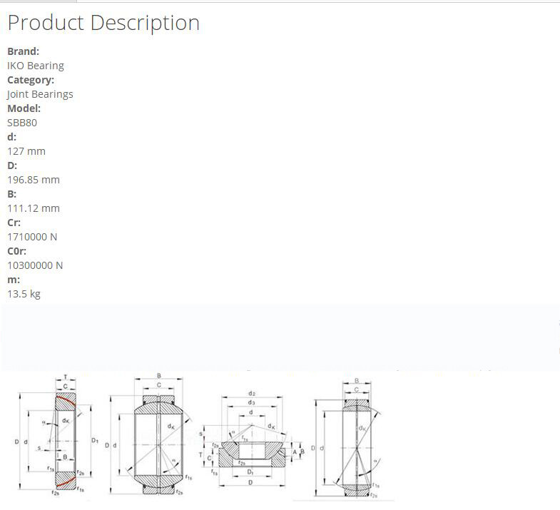 IKO SBB80 Steel-on-steel Spherical Bushings 127×196.85×111.12mm.