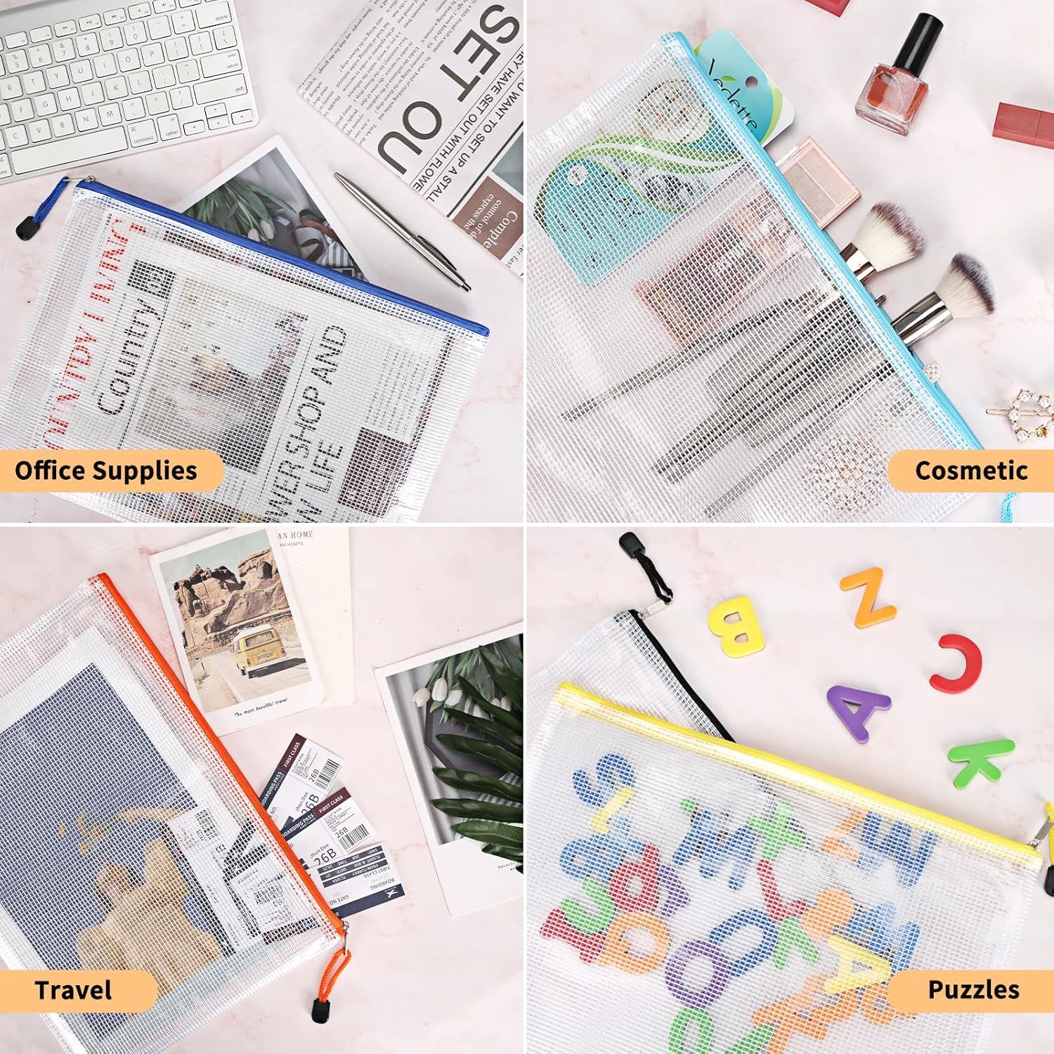 EOOUT 100pcs Mesh Zipper Pouch, A4 Size, 10 Colors Bags for Colorful
