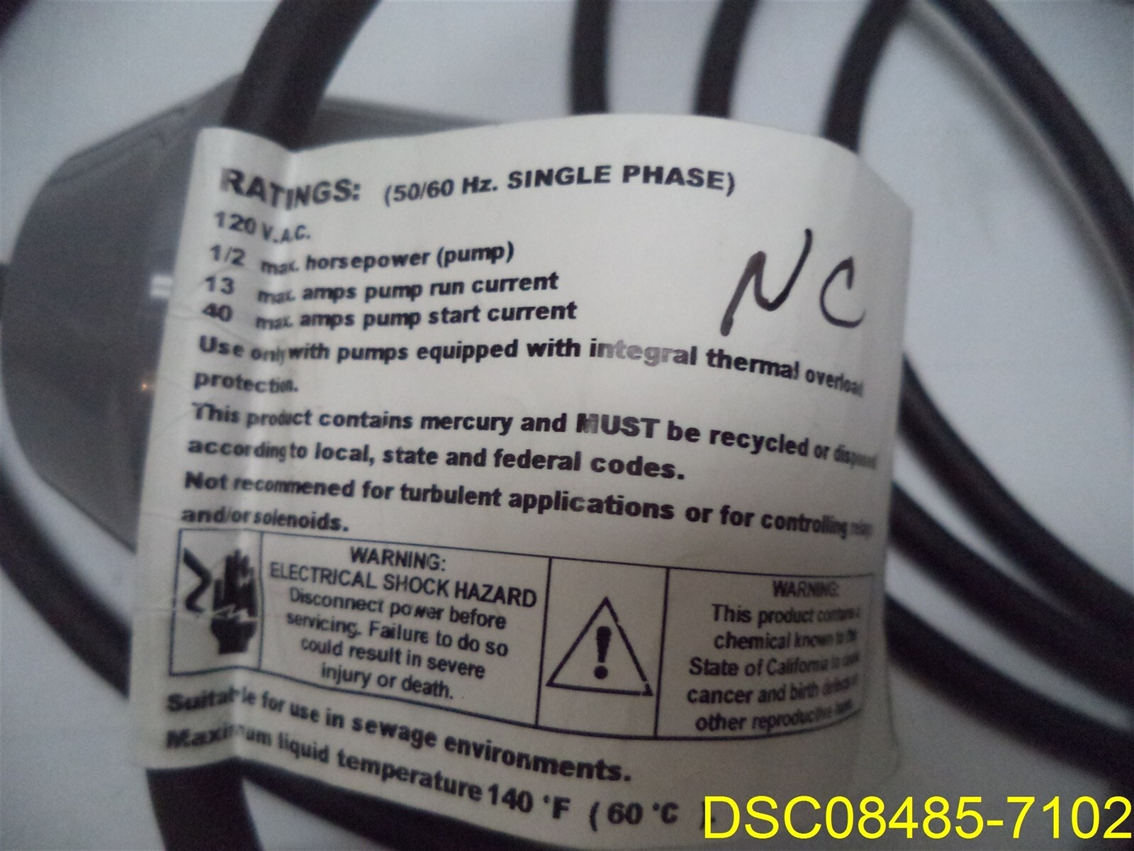 JUNIOR SUPER SINGLE Pump Switch SJE P/N 1001930, 15ft