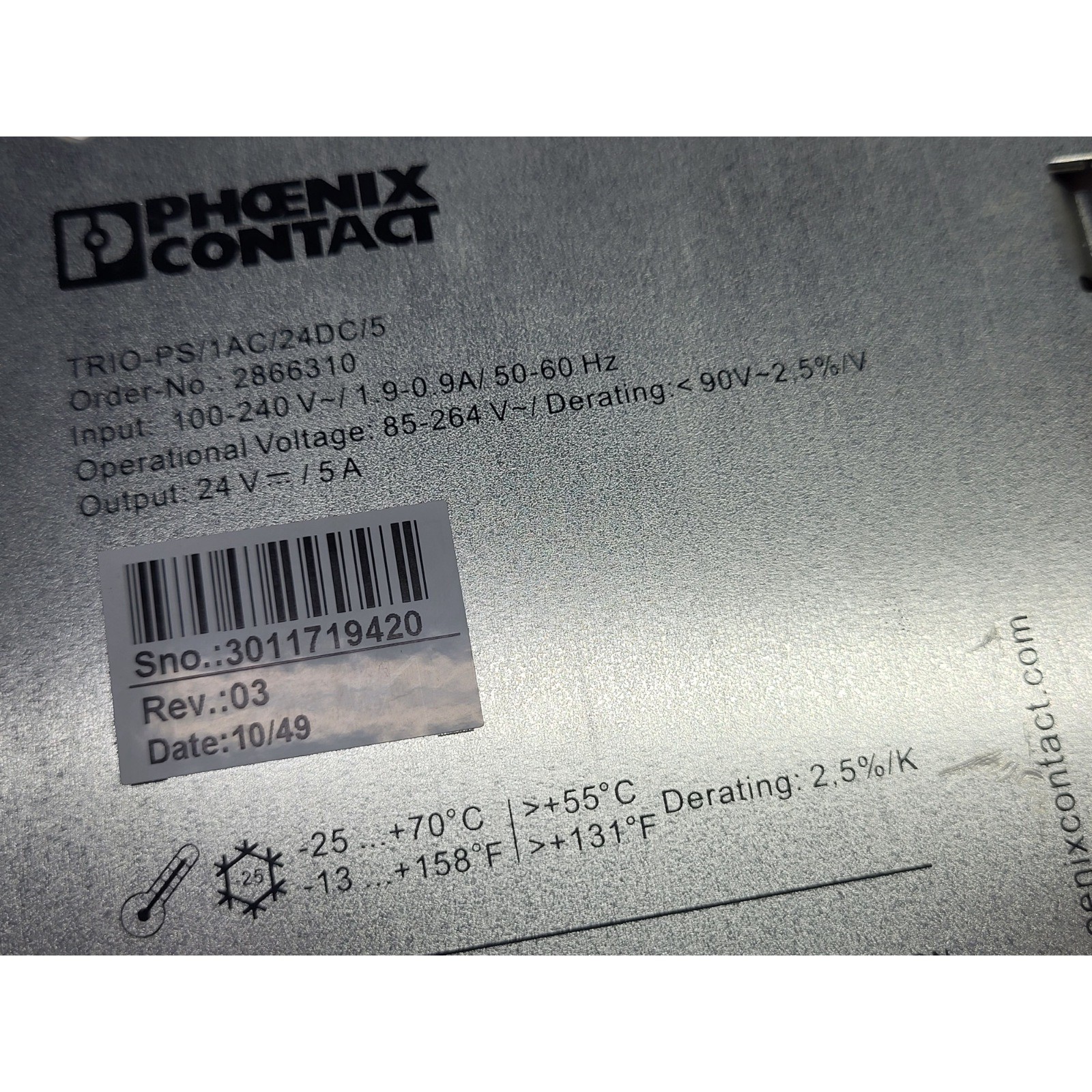 PHOENIX CONTACT TRIO-PS/1AC/24DC/5 POWER SUPPLY 24VDC 5A