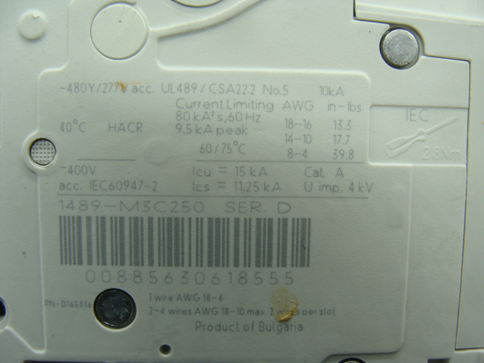 ALLEN BRADLEY 3P CIRCUIT BREAKER 1489-M3C250 SER D 25A 480Y/277V