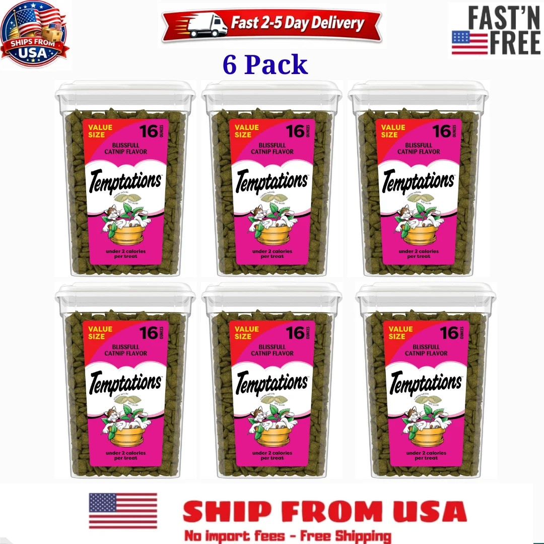 6 PACK Temptations Cat Treats, Classic Crunchy and Soft Cat Treats, 16 oz. Tub