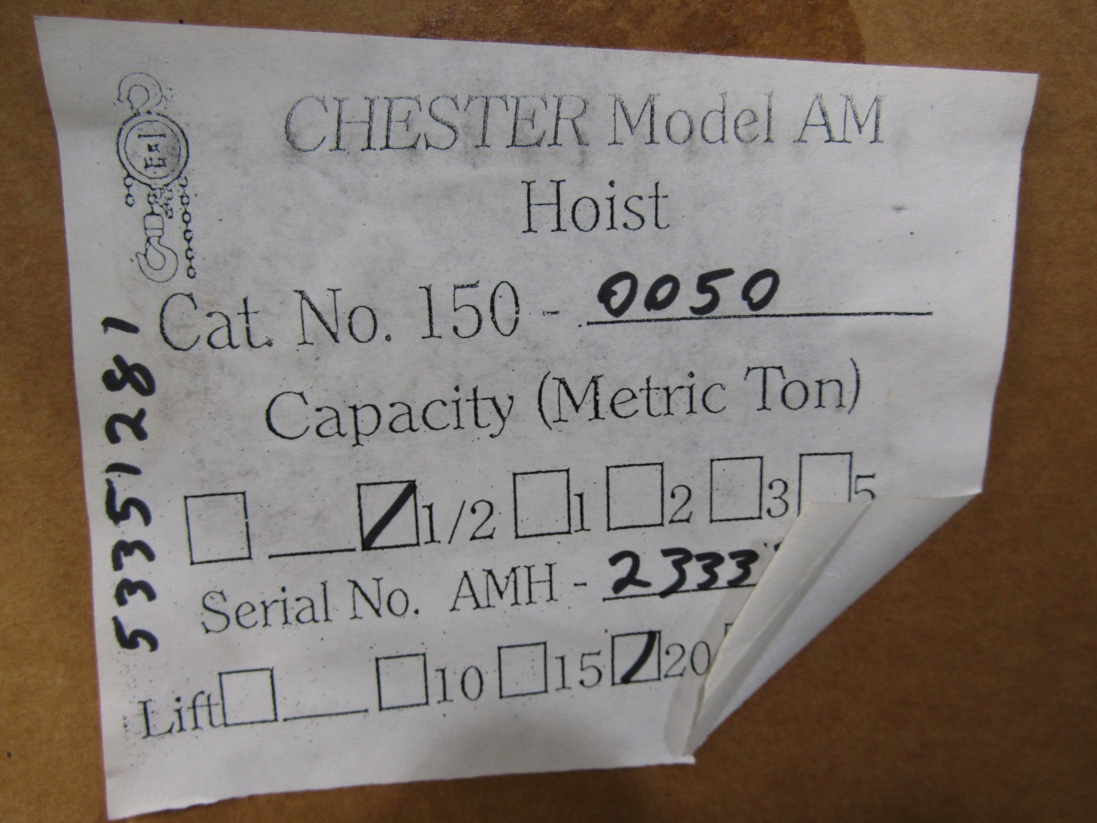 Chester Model A.M. 1/2 Ton Hoist 150-0050 20′ Lift